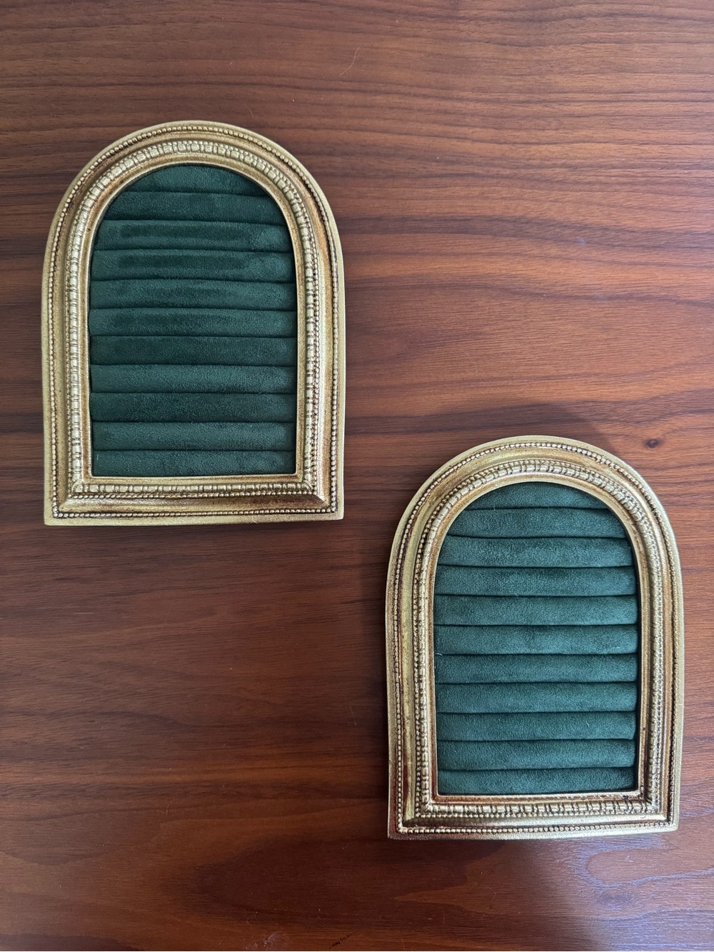 Jewelry Display Green Velvet and Gold Ring Earrings Pads Set of 2